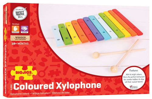 Red box shows photograph of xylophone and two mallets on a white surface. Xylophone is rainbow coloured.