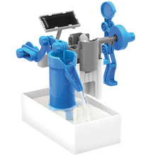 Load image into Gallery viewer, Built pump with water. Pump is blue and grey with clear tub below and panel for solar power.
