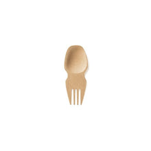 Load image into Gallery viewer, Bamboo spork is wooden, on one side is a spoon, and on the other the tines of a fork. The two sides join in the middle, with no handle.
