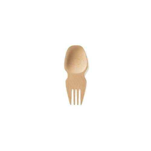 Bamboo spork is wooden, on one side is a spoon, and on the other the tines of a fork. The two sides join in the middle, with no handle.