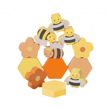 Load image into Gallery viewer, 4 honey bees and 1 queen bee wooden blocks, and 4 hexagonal blocks (2 yellow, one orange, one salmon) and 3 flowers (1 salmon, 1 yellow, 1 orange) stacked up. 
