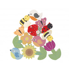 Load image into Gallery viewer, spring garden blocks stacked in a pile. Shapes include 2 bees, 1 ladybird, 2 butterflies (pink and orange), 3 birds (white, pink, blue), a strawberry, and 3 flowers (sunflower, magenta tulip and round orange petalled). 
