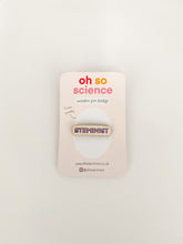 Load image into Gallery viewer, Pin badge is long thin horizontal oval which reads &#39;STEMINIST&#39; in all caps bubble letters. Pin badge is attached to a backer that reads &#39;oh so science wooden pin badge&#39; and &#39;I&#39;m eco friendly&#39; with website &amp; social media details.
