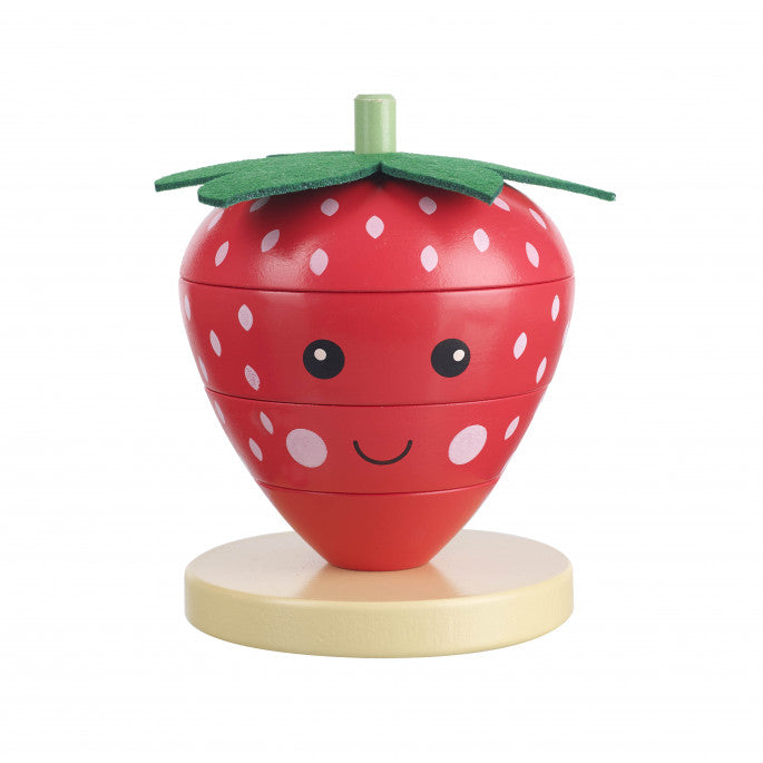 Strawberry stacked on wooden base. 4 separate pieces. Strawberry is smiling with green felt for leaves. 