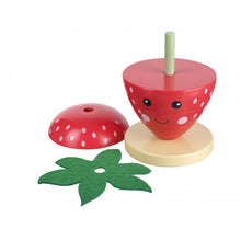 Load image into Gallery viewer, 3 pieces of strawberry stacked on the base with a pole in the middle. One piece with a hole in the middle set to the side, as well as the felt leaves. 
