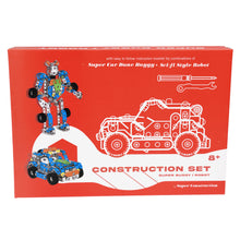 Load image into Gallery viewer, Front of red box reads &quot;with easy to follow instruction booklet for combinations of Super Car Dune Buggy, Sci-Fi Style Robot. 8+ Construction Set Super Buggy / Robot by Super Construction.&quot; The box shows an image of both robot and car built.
