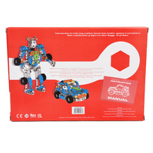 Load image into Gallery viewer, Back of the product box reads &quot;Construction Set with easy to follow instructions booklet, spanner &amp; screwdriver. Make combinations of Super Car Dune Buggy / Sci Fi Robot.&quot; There are pictures of the two designs and the instruction manual, including some fine print.

