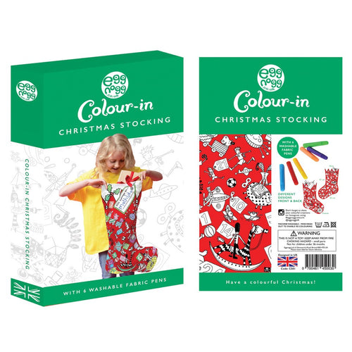 Front and back of box. Front shows a child with a large stocking fully coloured stuffed with presents. Back shows an image of a red stocking with whte pictures to colour in, 6 pens in blue, red, yellow, orange, purple and green. 