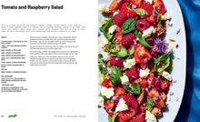 Load image into Gallery viewer, Inside spread shows tomato and raspberry salad recipe with a photo of the salad. The words are blurred.

