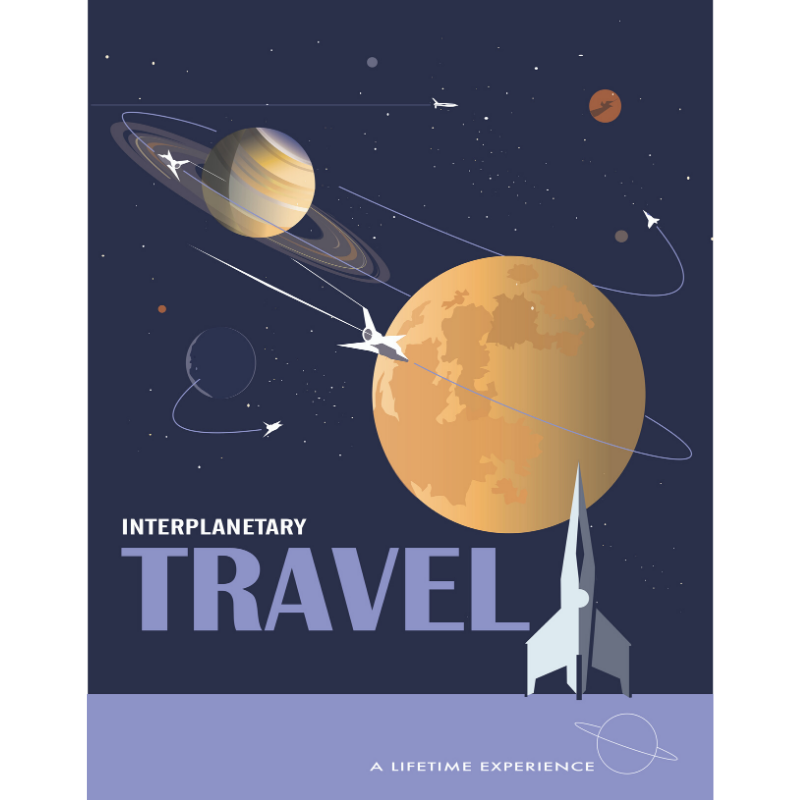 Dark blue background with colour illustrations of shuttles flying around planets Jupiter, Saturn, and one in shadow. Text on the screen reads 'interplanetary travel, a lifetime experience'