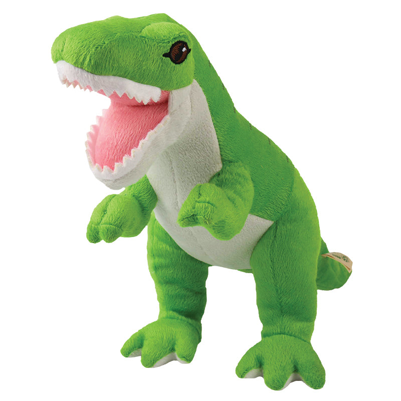 Green t-rex ecobuddiez as seen from the front has open mouth in a raw. Back and head are light green, underbelly and jaw are off white. 