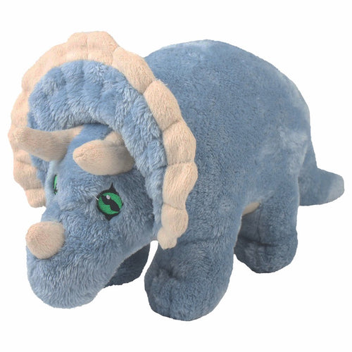 Blue triceratops with off white horns, collar and underbelly. Eyes are green. 