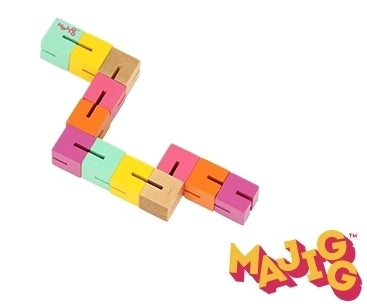 12 different coloured blocks connected together. Blocks are turquoise, yellow, uncoloured wood, pink and orange. The brand name Majigg is in the bottom right of the photo. 