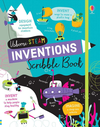 Book cover is blue, black, white and grey. Small illustrations of inventions with a plastic bag, a mountain climber, machines and a submarine are bright and colourful. The book reads 