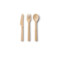 Load image into Gallery viewer, 3 bamboo utensils: knife, fork and spoon. 
