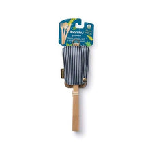 Load image into Gallery viewer, Utensils are half-inside a striped fabric pouch. Utensils are tied together with paper covered twist-tie. A blue card tag is attached to the set which reads &quot;bambu grubware travel utensil set&quot;
