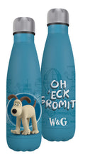 Load image into Gallery viewer, Gromit Aardman insulated metal water bottle with Gromit (dog) on front and &#39;Oh &#39;eck Gromit W&amp;G&#39; on the back. Bottle is blue with silver lid. There are some illustrations of inventions in the background.

