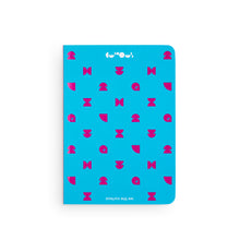 Load image into Gallery viewer, Bright blue notebook shows magenta pattern on top. At the top of the notebook is the We The Curious logo in white, and at the bottom is the name &quot;we the curious&quot; upside down, also in white. 
