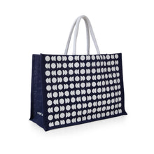 Load image into Gallery viewer, Large navy jute bag with white moon phases pattern on the main panel. The handles are white.
