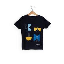 Load image into Gallery viewer, Dark blue t-shirt shows 4 different satellite designs in yellow and two different shades of blue. White We The Curious logo is in bottom right of t-shirt.
