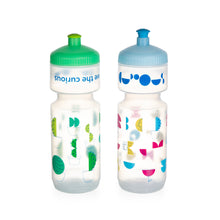 Load image into Gallery viewer, 2 water bottles side by side: cactus design on the left, satellite design on the right. On the cactus bottle, towards the top, &quot;we the curious&quot; is upside down. 
