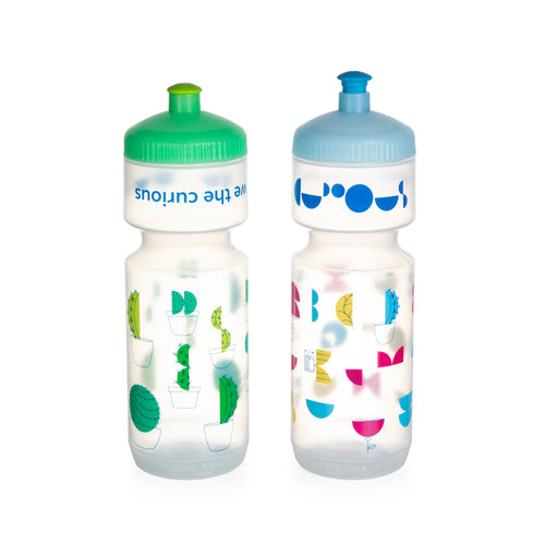 2 water bottles side by side: cactus design on the left, satellite design on the right. On the cactus bottle, towards the top, 