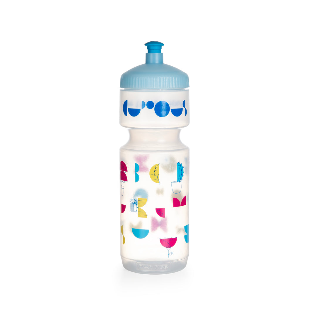 Sugar cane water bottle is transparent with a blue lid and satellite designs in pink, blue and yellow. We The Curious logo is in navy blue. 