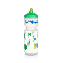 Load image into Gallery viewer, Sugar cane water bottle is transparent with green lid and designs of cacti in different colour greens. The We The Curious logo is in navy blue. 
