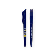 Load image into Gallery viewer, 2 pens next to each other to show each side. Dark blue pen shows 4 yellow and white satellite designs on one side, and &quot;we the curious&quot; on the other. 
