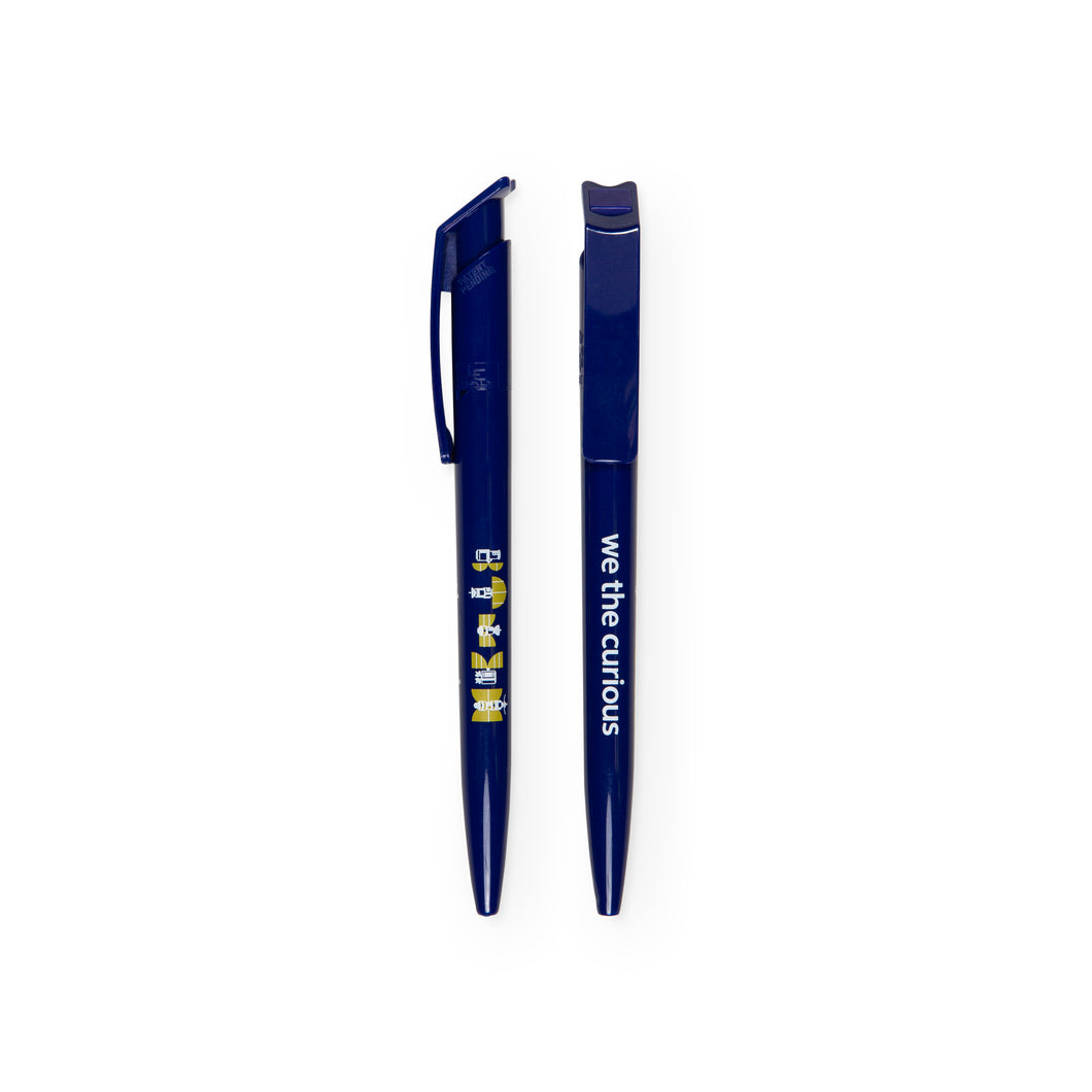 2 pens next to each other to show each side. Dark blue pen shows 4 yellow and white satellite designs on one side, and 