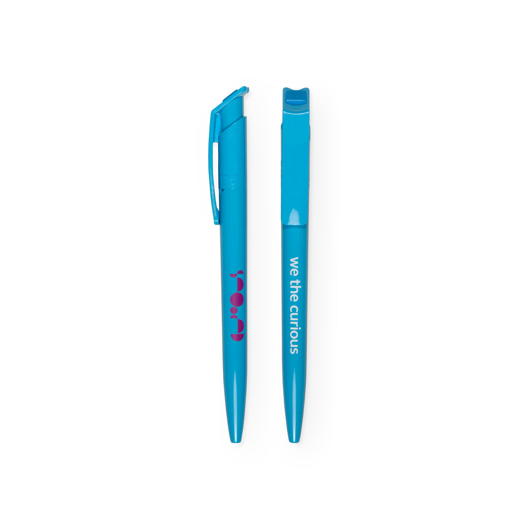 2 pens next to each other to show each side. Light blue pen shows pink We The Curious logo on one side, and the name 