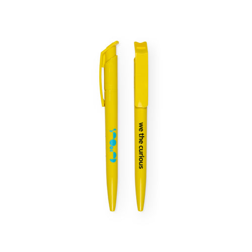 2 pens next to each other to show each side. Yellow pen shows blue We The Curious logo on one side, and the name 