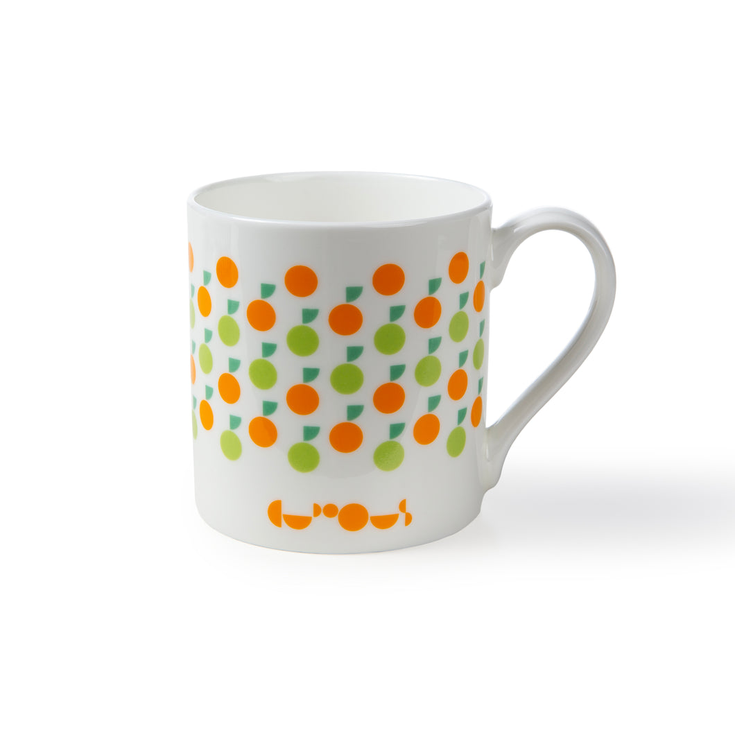 White mug features a pattern of lime and mandarin oranges in green and orange with darker green leaves. Underneath the design, the We The Curious logo is in orange. 