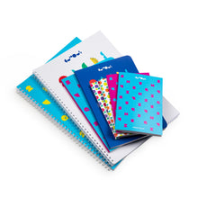 Load image into Gallery viewer, A pile of 8 notebooks in varying colours, patterns and sizes.
