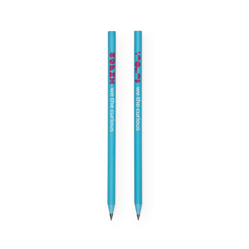 2 pencils next to each other to show each side. Light blue pencil shows pink We The Curious logo on one side, and pink characters on the other. Both sides show the name 