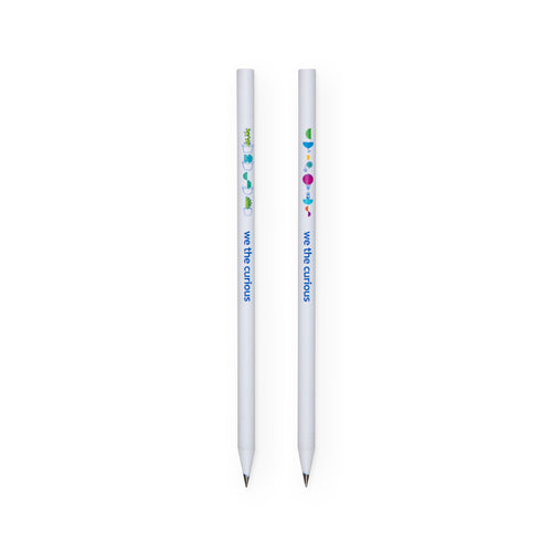 2 pencils next to each other to show each side. White pencil shows 4 cactus designs on one side, and 6 designs (including leaf, flower, telescope, hot air balloons, satellites) on the other. Both sides show the name 