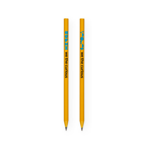 2 pencils next to each other to show each side. Yellow pencil shows blue We The Curious logo on one side, and blue characters on the other. Both sides show the name 