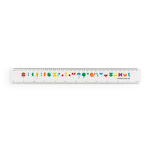 Load image into Gallery viewer, White ruler shows the We The Curious alphabet with colourful characters and drawings. Ruler goes to 12 inches and 30 centimetres.

