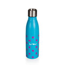 Load image into Gallery viewer, Bottle is blue with pink pattern and We The Curious logo in white. Lid is uncoloured stainless steel and is pushed down.
