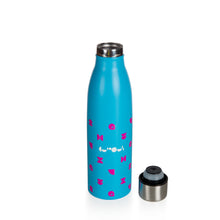 Load image into Gallery viewer, Bottle is blue with pink pattern and We The Curious logo in white. Lid is uncoloured stainless steel and is off and beside the bottle.
