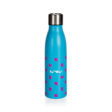 Load image into Gallery viewer, Bottle is blue with pink pattern and We The Curious logo in white. Lid is uncoloured stainless steel. 
