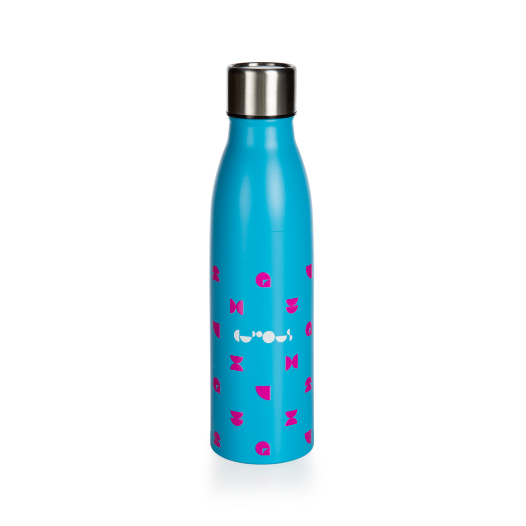 Bottle is blue with pink pattern and We The Curious logo in white. Lid is uncoloured stainless steel. 