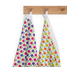 Load image into Gallery viewer, Close up of tea towels on the wooden hooks show the loops on the tea towels.
